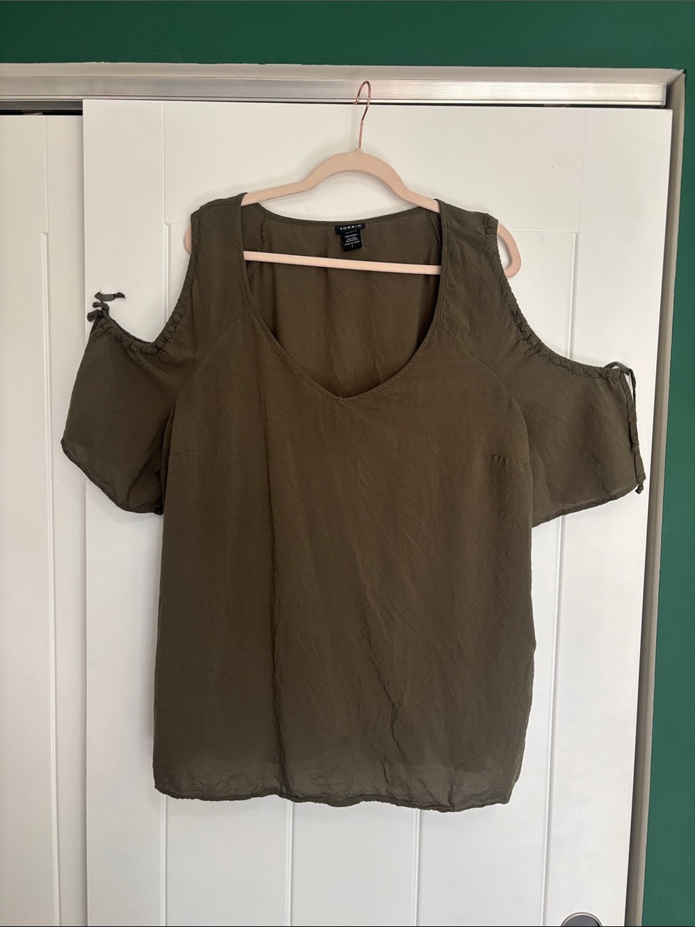 Torrid Olive Cold-Shoulder Blouse with Tie Sleeves
